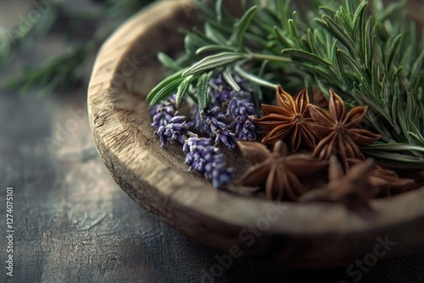 Fototapeta A rustic wooden bowl filled with fragrant lavender, rosemary, and star anise.