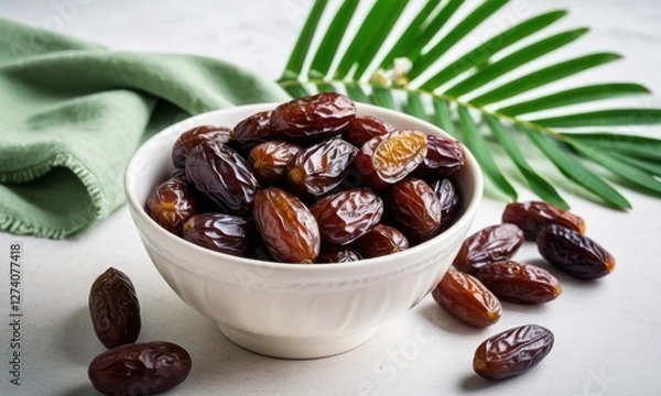 Fototapeta red dates in a bowl and raisins, next to an green olive branch