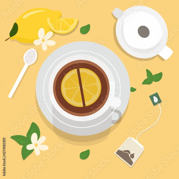 Fototapeta Cup with tea with slice of lemons  vector ilustration 