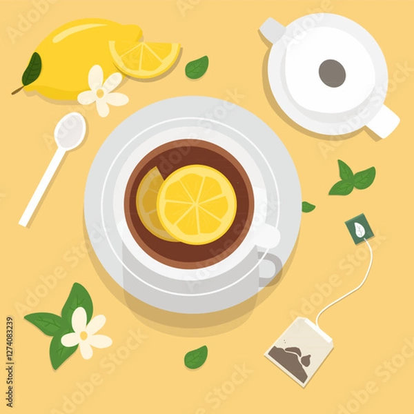 Obraz Cup with tea and lemons or lemon tea menu design vector ilustration 