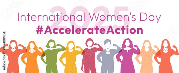 Obraz International Women's Day 2025. Accelerate Action campaign pose. Diverse women silhouettes demonstrate strong arm with clenched fist to show solidarity and support for women's rights, gender equality