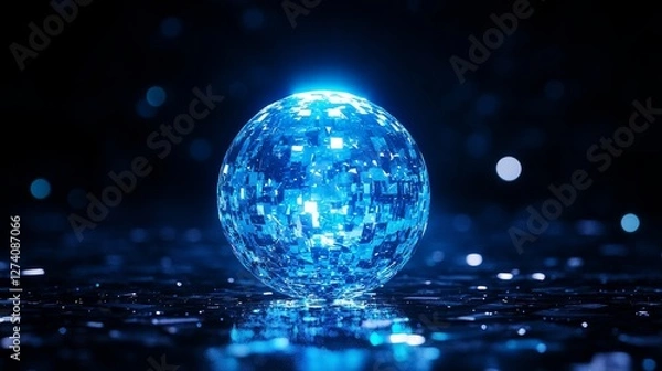 Obraz Glowing Blue Crystal Sphere - A vibrant blue crystal sphere glows intensely against a dark background, reflecting light and creating a futuristic, magical atmosphere