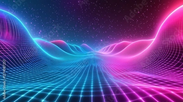 Fototapeta Neon landscape, digital art, cosmic background, abstract design, website banner
