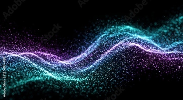 Fototapeta A futuristic 3D-rendered abstract wave of glowing particles flowing in space.