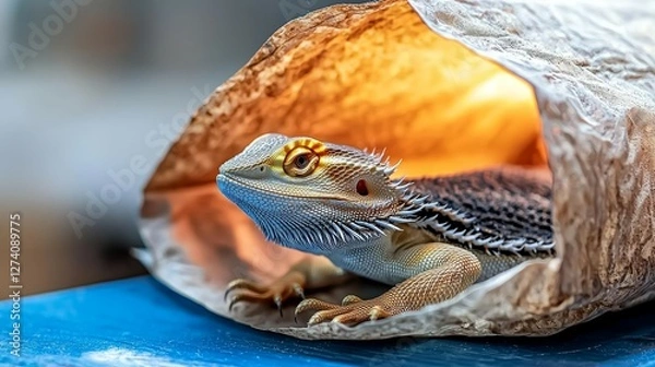 Fototapeta Bearded Dragon concept. Lizard resting in a cozy hideaway with warm lighting surrounding it.