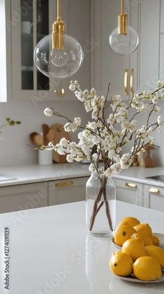 Obraz White blossoms in a glass vase, a bowl of lemons, and brass pendant lights illuminate a modern kitchen with white cabinets and quartz countertops. The scene evokes feelings of springtime freshness