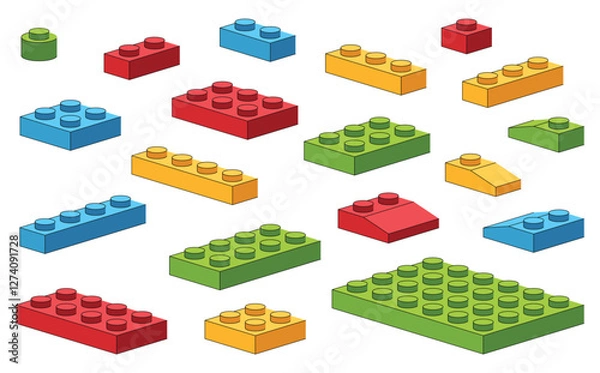 Fototapeta Construction blocks. Elements of children plastic bricks for building various structures. Child development through playing with construction toys. Vector illustration