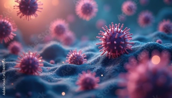 Fototapeta Microscopic illustration of virus infecting cell surface. Macro view of disease pathogen organism. Concept for infection spread, medical research, vaccine development, pharmaceutical innovation.