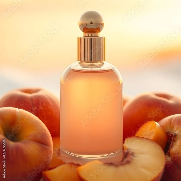 Fototapeta Luxurious Perfume Bottle with Sunlit Peaches in a Serene Setting. mockup image 

