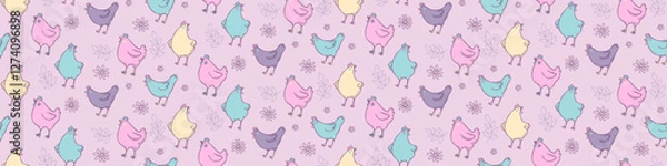 Obraz Easter seamless pattern with hen, flowers and leaves. Good for fabric, background, postcards. Cartoon funny animals in pastel colours