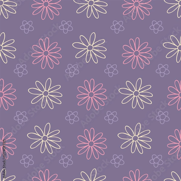 Fototapeta Seamless pattern with florals. Good for fabric, background, postcards. Cute outline flowers