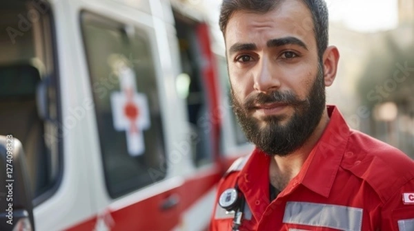 Fototapeta The image shows an emergency medical worker wearing a high-visibility vest, standing next to an ambulance with red cross symbolism on it, indicating he is a first responder or paramedic.