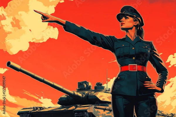Fototapeta A bold and empowering advertising poster featuring a full-length female tanker in a crisp military uniform, standing confidently against a combat tank background, evoking patriotism