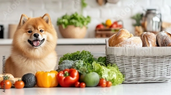 Obraz A joyful dog sits happily surrounded by an array of fresh vegetables and a loaf of bread, all in a bright, cheerful kitchen filled with daylight