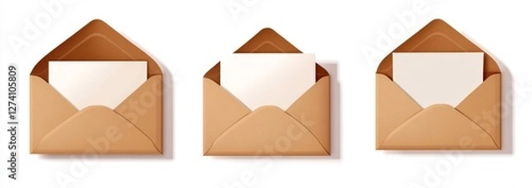 Fototapeta Three kraft envelopes, blank notecards, white background, mail concept