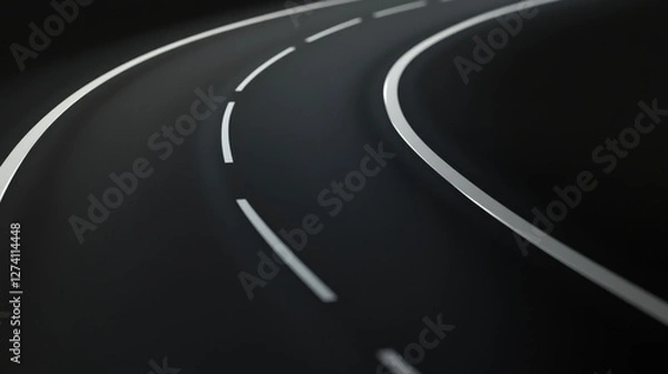 Fototapeta Curved road with white lane markings on dark surface, creating sense of depth and movement. smooth lines evoke feeling of tranquility and focus