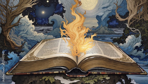 Fototapeta Open book with flames and cosmic background