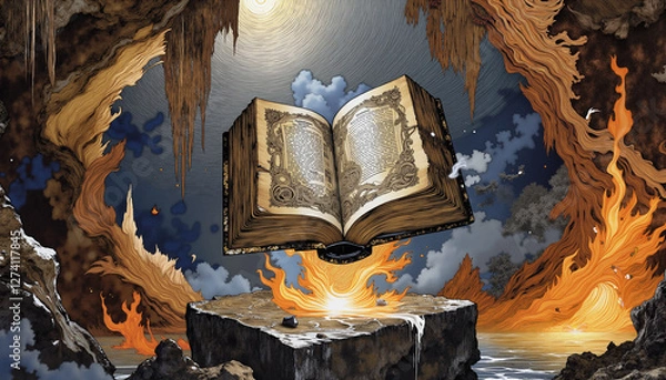 Fototapeta Open book floating above fiery rocky terrain