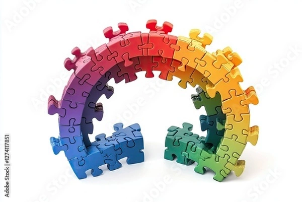Fototapeta Building Bridges of Understanding, A Rainbow Archway Constructed from Interlocking Puzzle Pieces,