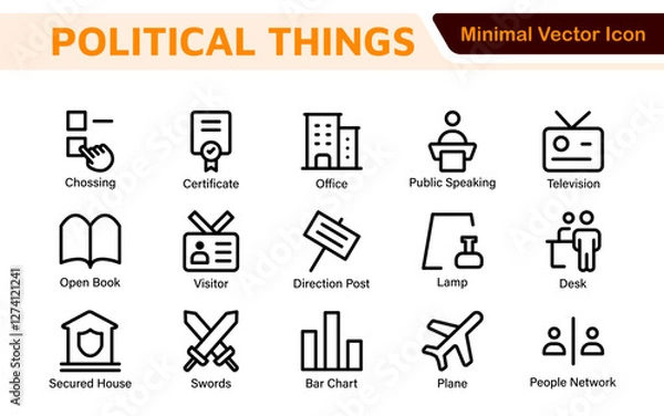 Fototapeta Politics Icon Set: A comprehensive collection of icons representing political themes, perfect for enhancing campaign materials, educational resources, and civic engagement initiatives.