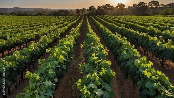 Fototapeta Vineyard rows overlooking grape field, wine farm in valley. Green vine plantation in summer.