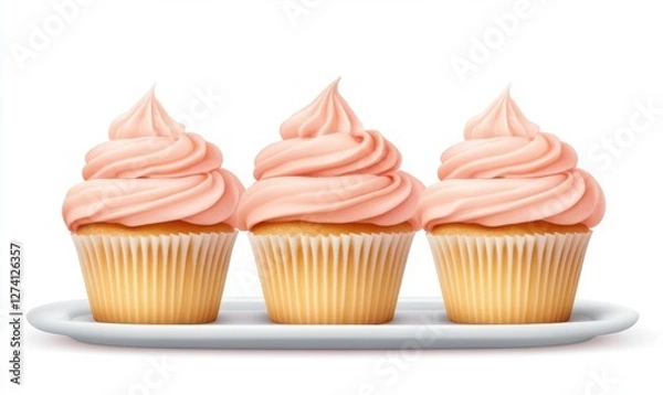 Fototapeta Three delicious cupcakes with pink frosting on a white plate, set against a clean background
