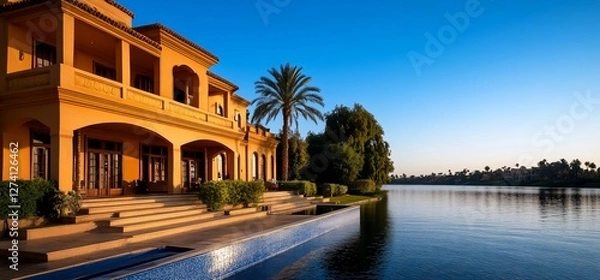 Obraz Opulent lakeside villa with serene water views under a clear blue sky