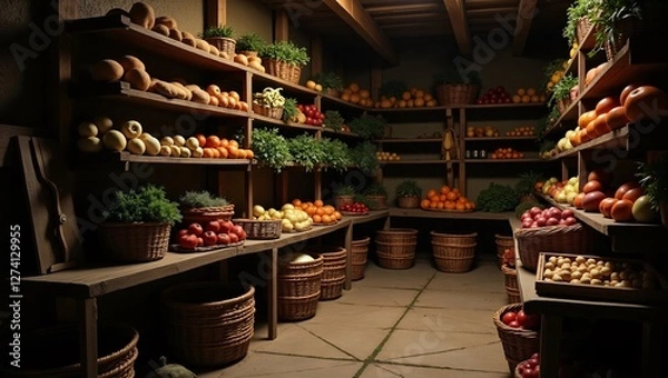 Fototapeta Rustic Root Cellar Filled with Fresh Fruits and Vegetables