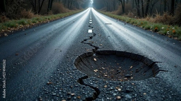 Fototapeta A Deep Pothole on a Wet Rural Asphalt Road with Cracks Extending from It