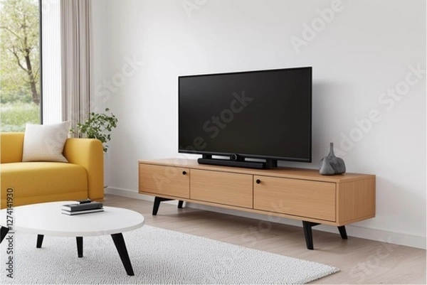 Fototapeta minimal photostock of a  TV cabinet and storage space in a living room with a white wall. Generative AI , isolated on white background,  , copy space, copy space for text,