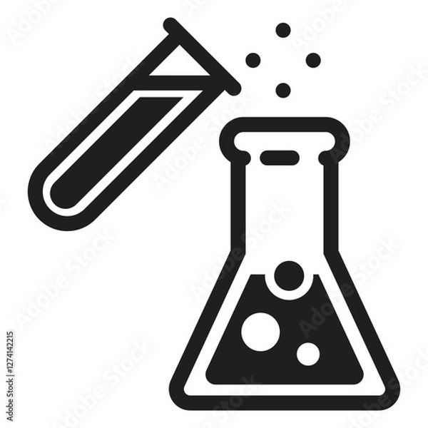 Obraz A black and white laboratory flask and test tube icon representing scientific research chemistry and medical experiments.