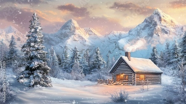 Fototapeta Stunning sunrise from a cozy cabin in a snowy mountainscape surrounded by pine trees