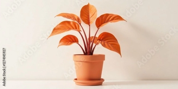Fototapeta Vibrant orange foliage in a terracotta pot, a captivating display of autumnal hues, adding warmth and a touch of nature's artistry to any interior space.
