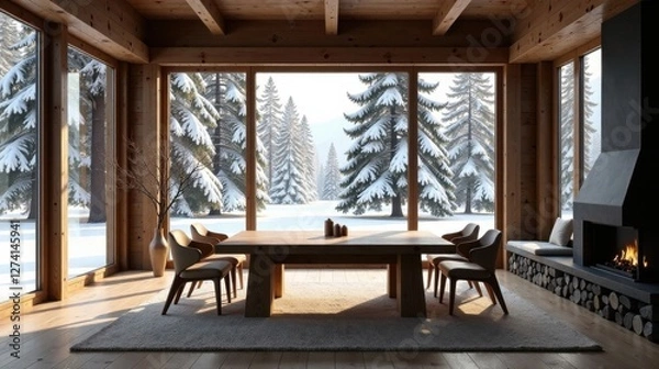 Fototapeta Rustic wooden cabin interior with large windows showcasing a breathtaking winter wonderland view, featuring a cozy fireplace and stylish dining furniture, perfect for a tranquil escape.