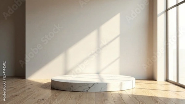 Fototapeta Minimalist interior scene with sunlight illuminating a circular marble display platform on a light wood floor