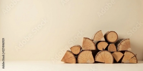 Fototapeta A Stack of Natural Wood Logs Against a Neutral Background, Ideal for Cozy and Rustic Designs