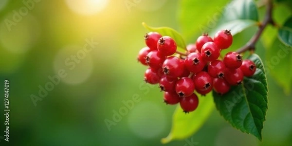 Fototapeta A cluster of vibrant red berries basks in the warm sunlight, showcasing their juicy ripeness against a backdrop of lush green foliage, a delightful scene of natural abundance.