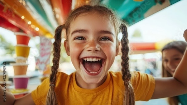 Fototapeta A cheerful girl with pigtails bursts with excitement at a carnival, her beaming smile reflecting pure joy and the vibrant, fun atmosphere of a summer fair.