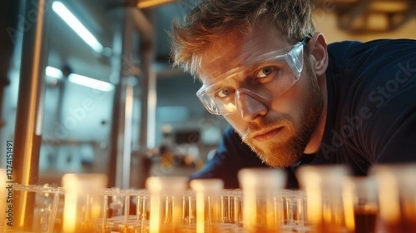 Obraz A young male researcher intently focuses on various glass containers filled with liquids, highlighting the dedication and meticulous nature required in scientific research.