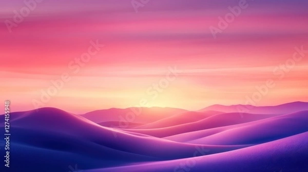 Fototapeta A stunning view of rolling hills bathed in soft purple and pink hues as the sun sets on the horizon. The serene landscape evokes feelings of calm and tranquility.