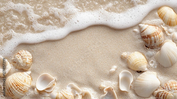 Fototapeta Waves gently wash over sandy beach filled with small shells, capturing the essence of a warm coastal paradise. Generative AI