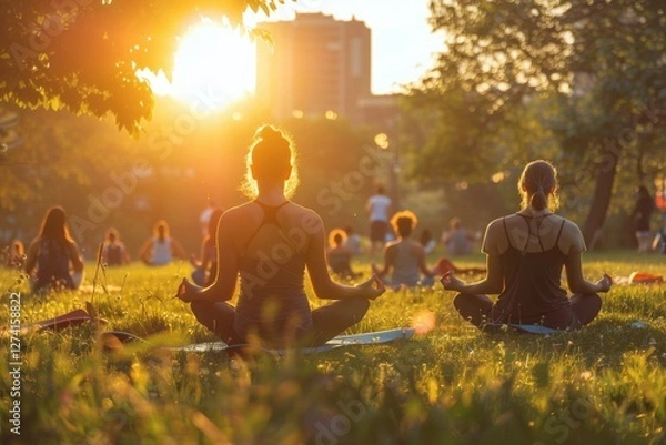 Fototapeta Group meditation session during golden hour in a city park with participants engaged in tranquility and mindfulness practice