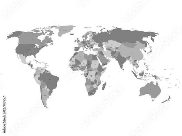 Fototapeta Wektorowa mapa świata z etykietami suwerennych krajów i większych terytoriów zależnych. Każdy stan to grupa obiektów w kolorze szarym bez granic. Włącznie z Sudanem Południowym.