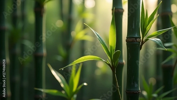 Obraz Serene Bamboo Forest with Dew-Kissed Leaves