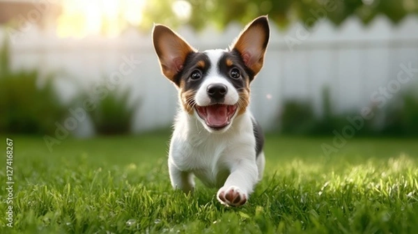 Fototapeta A lively puppy joyfully running through a lush green yard, capturing the spirit of play and adventure, showering happiness and excitement during a sunny outdoor moment.