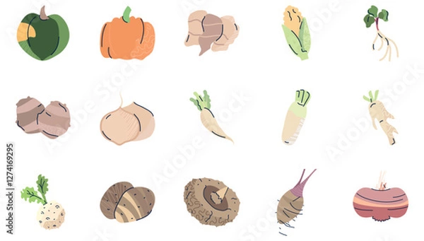 Fototapeta Set of vector icons of vegetables with white background