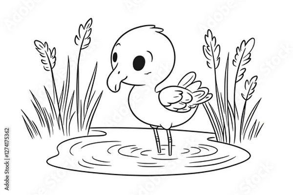 Fototapeta Tiny flamingo chick standing in shallow water, surrounded by small reeds.