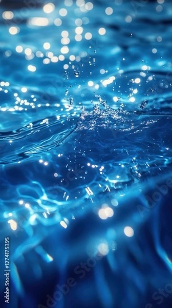 Fototapeta Rippling clear blue water reflecting light with splashes and bubbles during a bright daytime setting