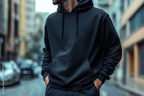 Obraz blank black hoodie mock up, man wearing streetwear style clothing. The hoodie he is wearing is a blank black hoodie sweater. with urban setting background