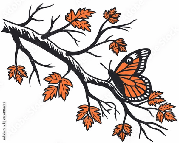 Obraz Silhouetted Autumn Branch with Bird, Perfect for Fall Decor
